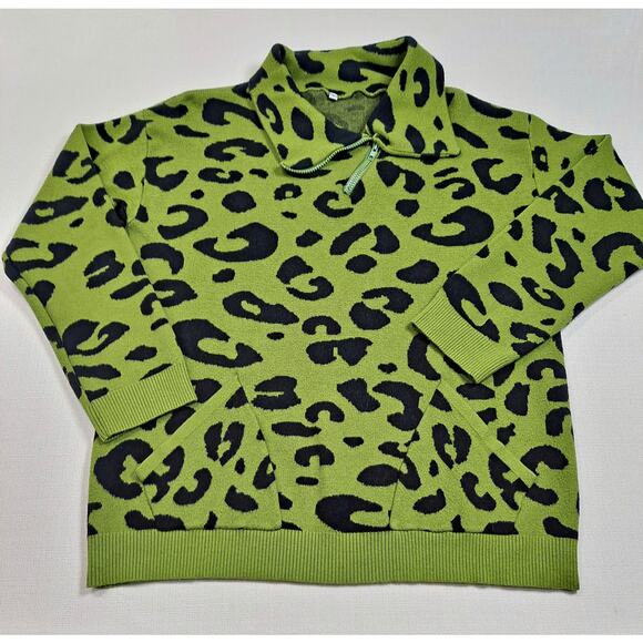 Women's Large Sweater Lime Green/Black Leopard Print Quarter Zip Neckline - Picture 3 of 11